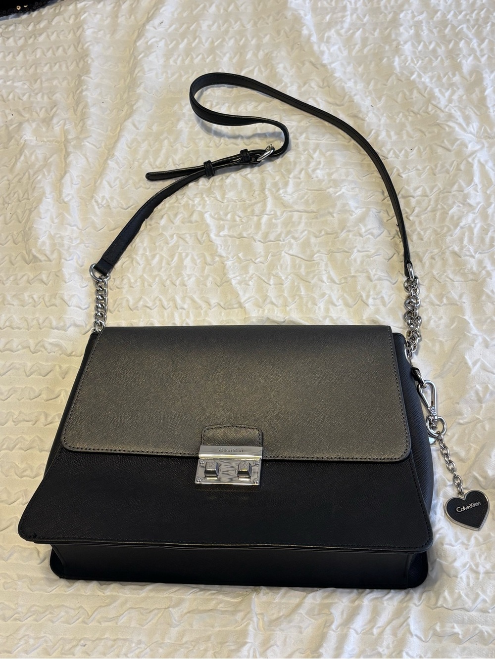 Calvin Klein Black Two-Tone Chain Shoulder Bag with Heart Charm